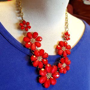 18" Gold Tone Orange Flower Panel Rhinestone Collar Style Necklace Floral Theme